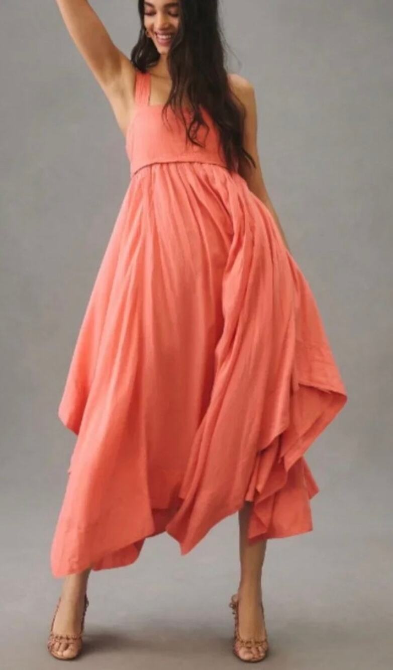 Anthropologie Pilcro Asymmetrical Babydoll Midi Dress Coral Flowy Beach Sz L